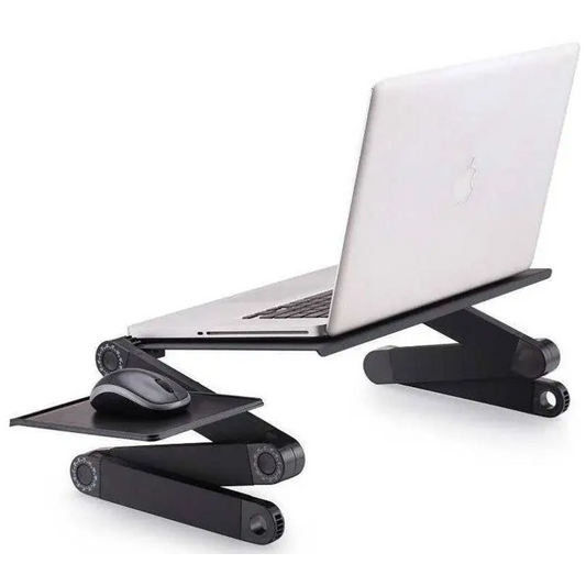 Aluminum Alloy Folding Laptop Desk — 360° Adjustable, Mouse Panel, Optional Cooling Fan, 42x26cm