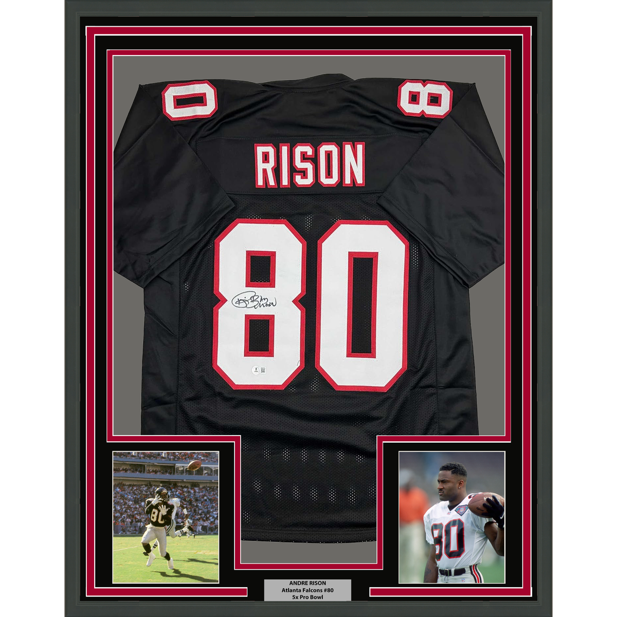 Framed Autographed/Signed Andre Rison 35x39 Atlanta Black Football Jersey Beckett BAS COA