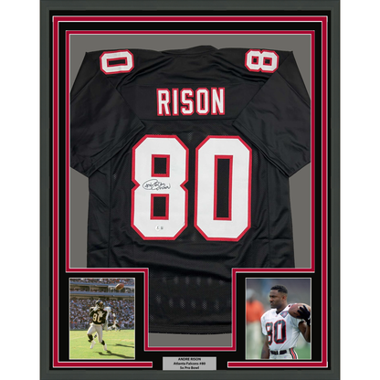 Framed Autographed/Signed Andre Rison 35x39 Atlanta Black Football Jersey Beckett BAS COA