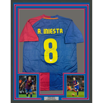 Framed Autographed/Signed Andres Iniesta 35x39 FC Barcelona Soccer Jersey Beckett BAS COA