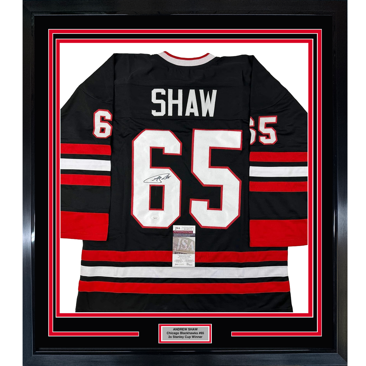 Framed Autographed/Signed Andrew Shaw 35x39 Chicago Black Hockey Jersey JSA COA