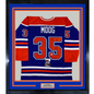 Framed Autographed/Signed Andy Moog 35x39 Edmonton Blue Hockey Jersey JSA COA