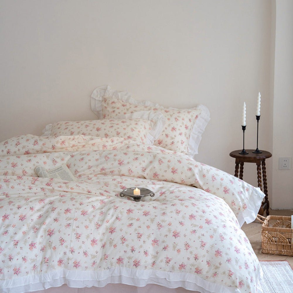 Annie Lace Ruffle Floral Bedding Set / Cream Blue