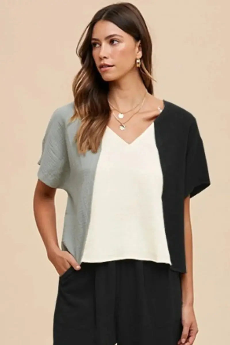 Shorts Trendsi Annie Wear Color Block Cotton Gauze V-Neck Top for