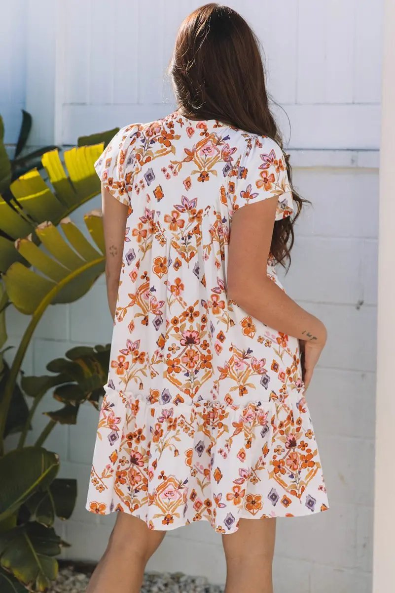Dresses Love Salve  Apricot Floral Geometric Print Ruffled Trim