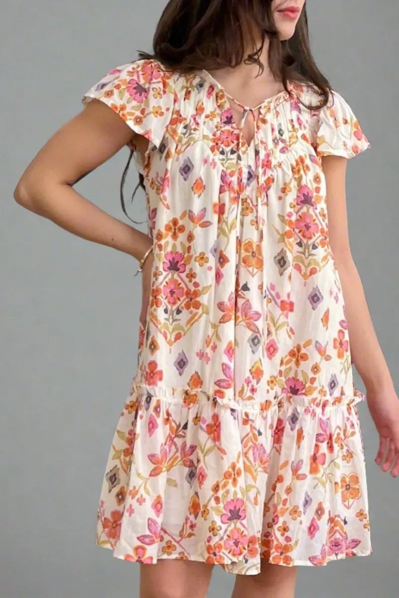 Dresses Love Salve  Apricot Floral Geometric Print Ruffled Trim