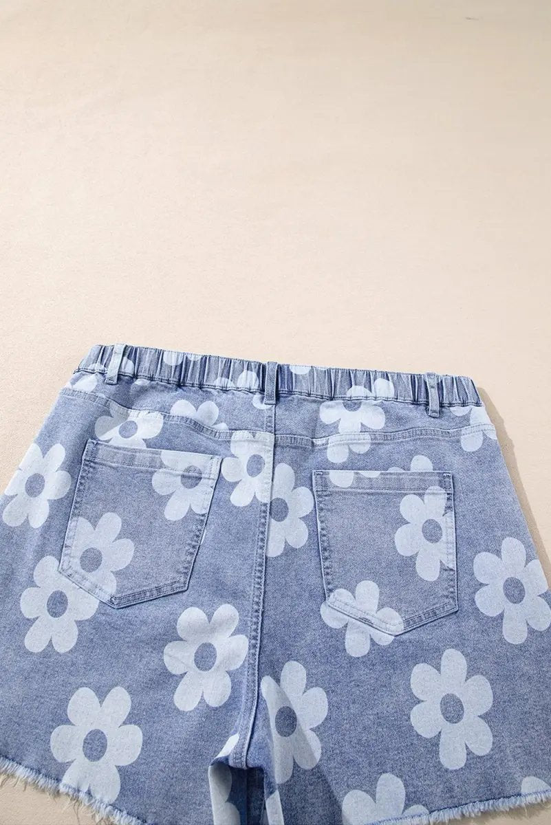 Shorts Love Salve  Ashleigh Blue Floral Pattern High Waist Raw Hem