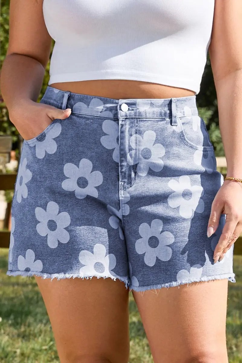 Shorts Love Salve  Ashleigh Blue Floral Pattern High Waist Raw Hem
