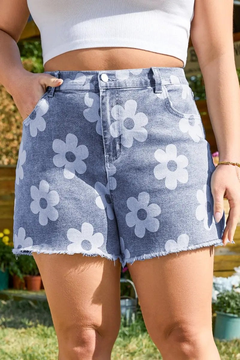 Shorts Love Salve  Ashleigh Blue Floral Pattern High Waist Raw Hem