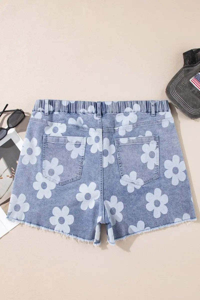 Shorts Love Salve  Ashleigh Blue Floral Pattern High Waist Raw Hem