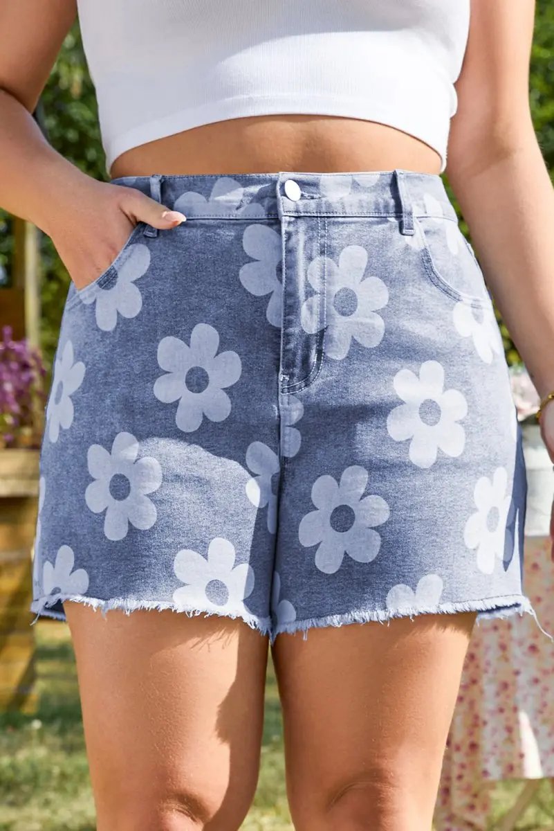 Shorts Love Salve  Ashleigh Blue Floral Pattern High Waist Raw Hem