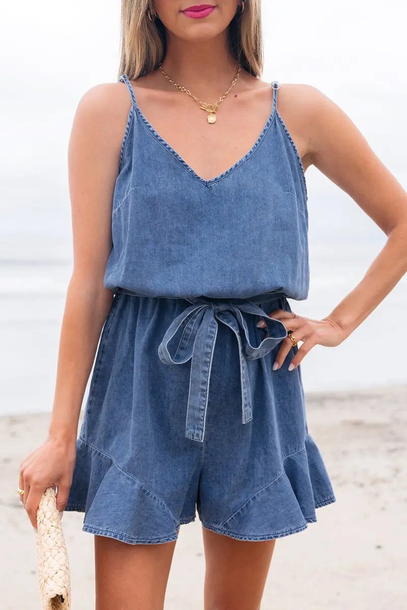 Accessories Love Salve  Ashleigh Blue Spaghetti Straps V Neck Belted