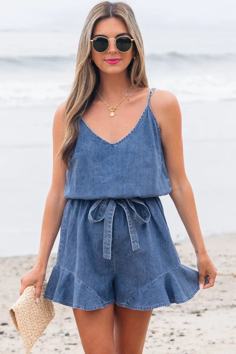 Accessories Love Salve  Ashleigh Blue Spaghetti Straps V Neck Belted
