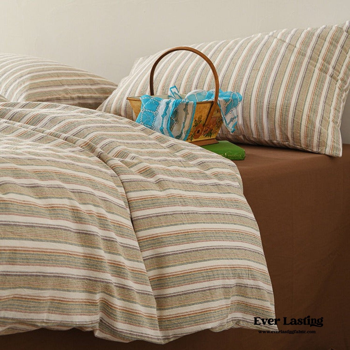 Ava Vintage Striped Cotton Bedding Set / Beige Striped