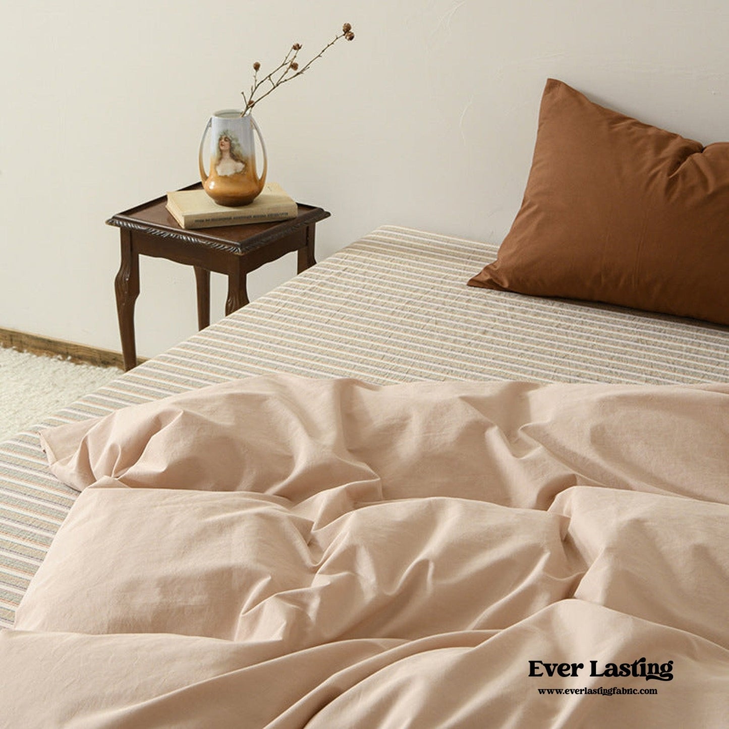 Ava Vintage Striped Cotton Bedding Set / Beige Striped