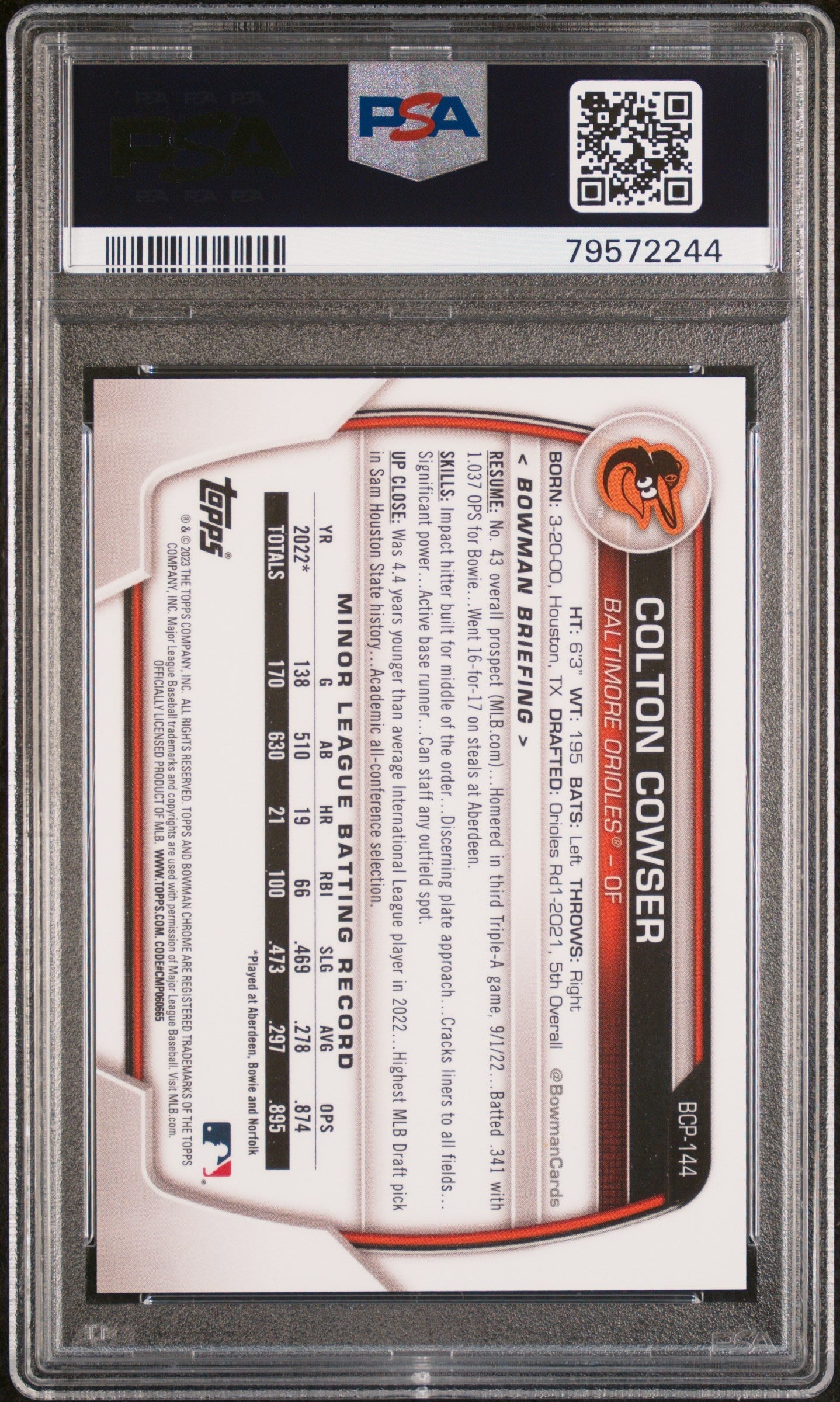 Graded 2023 Topps Bowman Colton Cowser #BCP144 Chrome Prospects Speckle Refractor #/299 Rookie RC Baseball Card PSA 10 Gem Mint