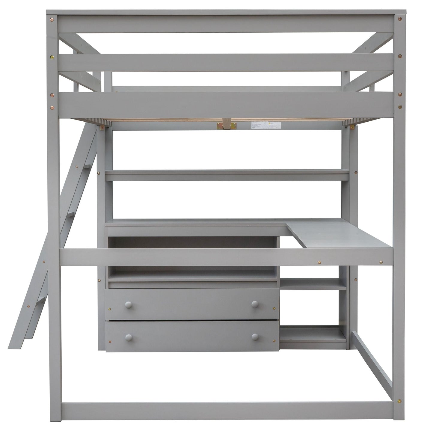 Modern Loft Bed With Built In Desk, Shelves, And 2 Drawers