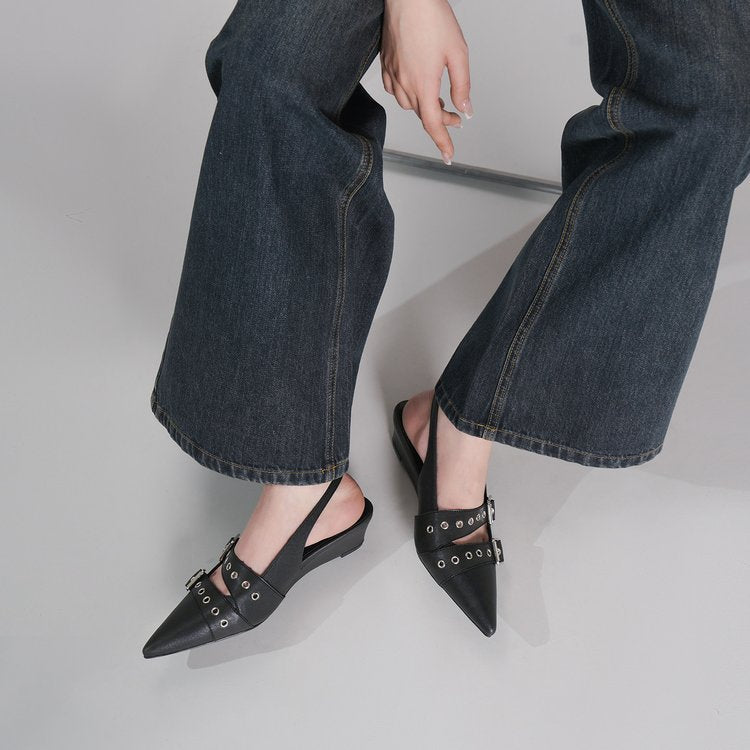 Women Pointed Toe High Heel Mules, Belt Buckle Closed Toe Slide Sandals, Vintage Backless Pumps For Outdoor Wear