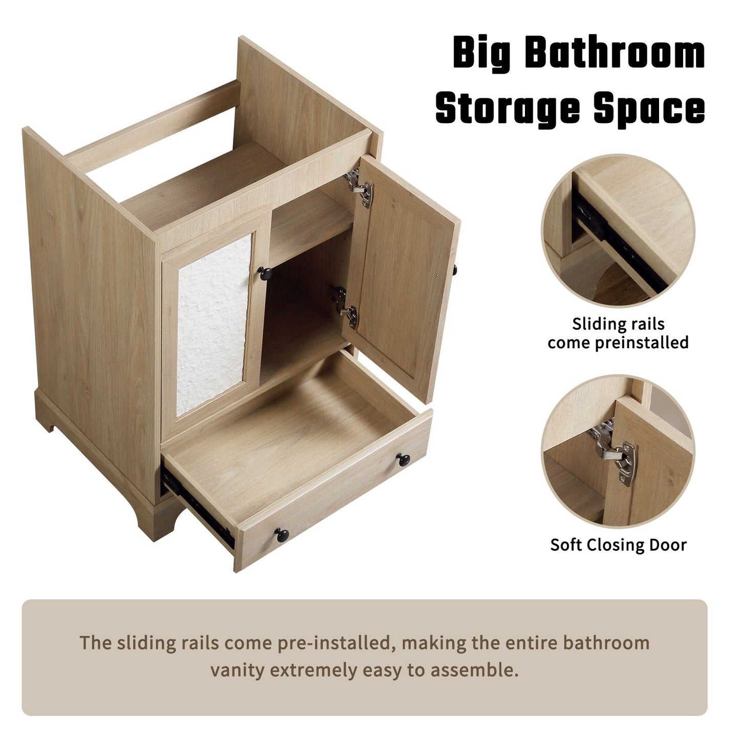 Bathroom Vanity Base, Cabinet With Carved Floral Doors - Natural Wood