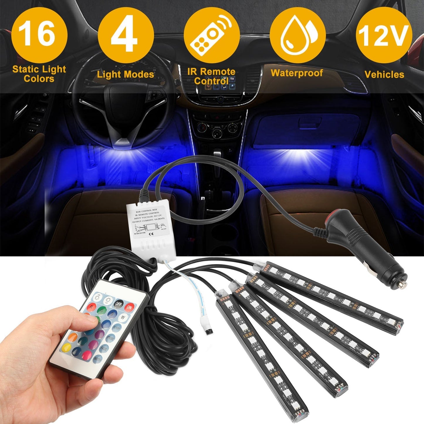 4PCS 36LEDs 12V Car Atmosphere Light Strip IP65 Colorful RGB LED Neon Lights IR Remote