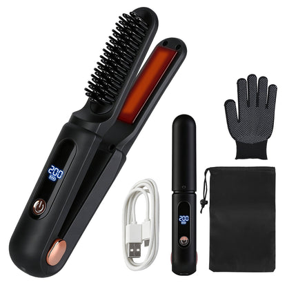 Cordless Hair Straightener Brush 2-in-1 Ceramic Flat Iron