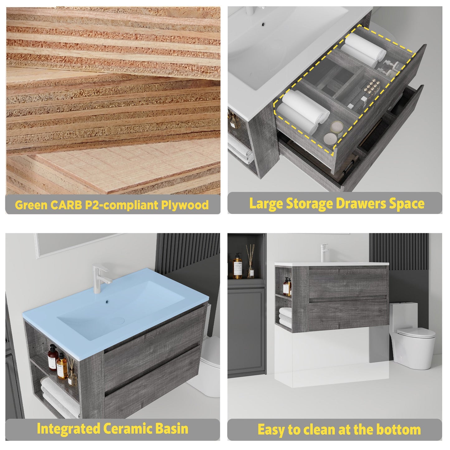36 Inch Floating Bathroom Vanity with Sink, Soft-Close Door, Ceramic Sink, Plywood
