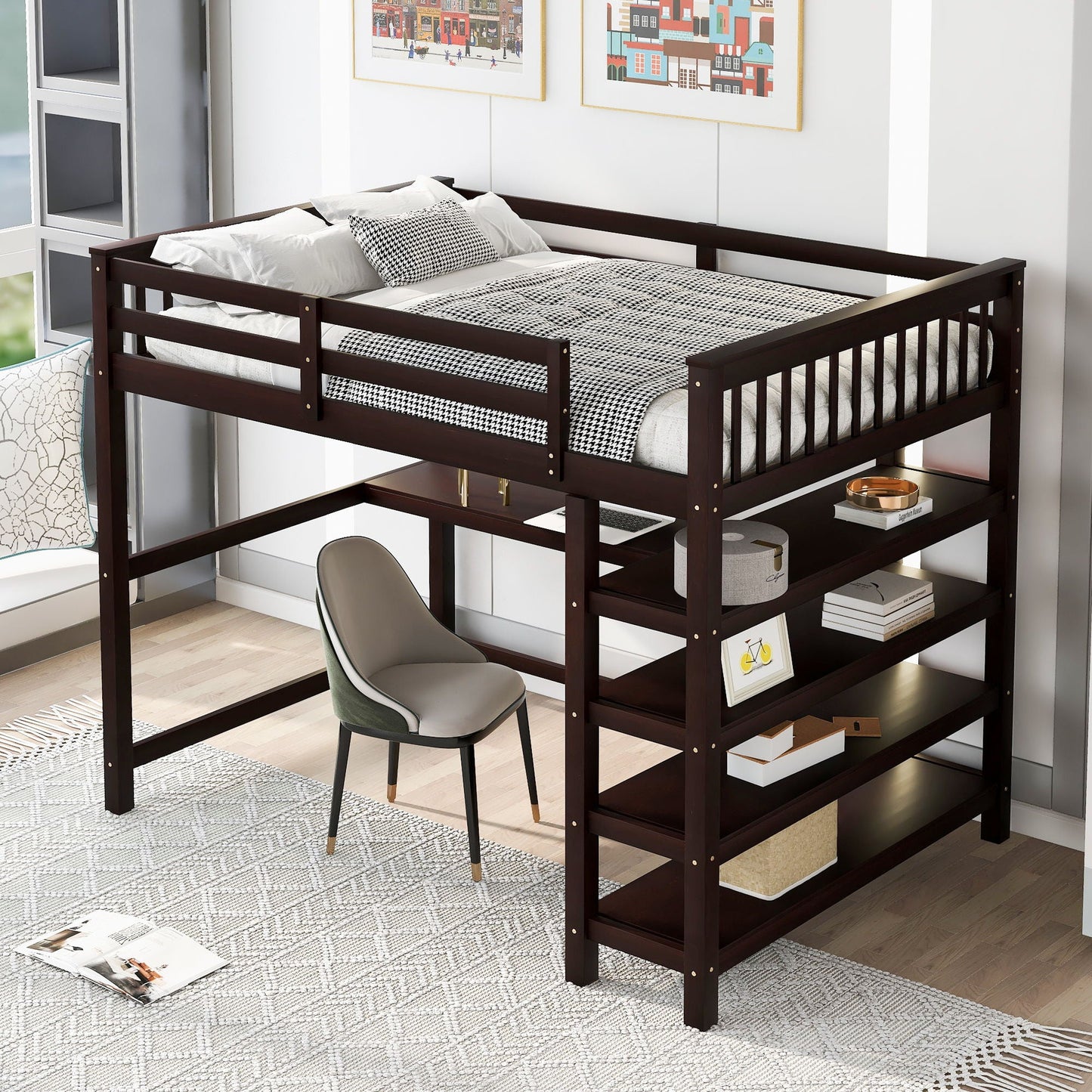 Loft Bed With Storage Shelves And Under Bed Desk