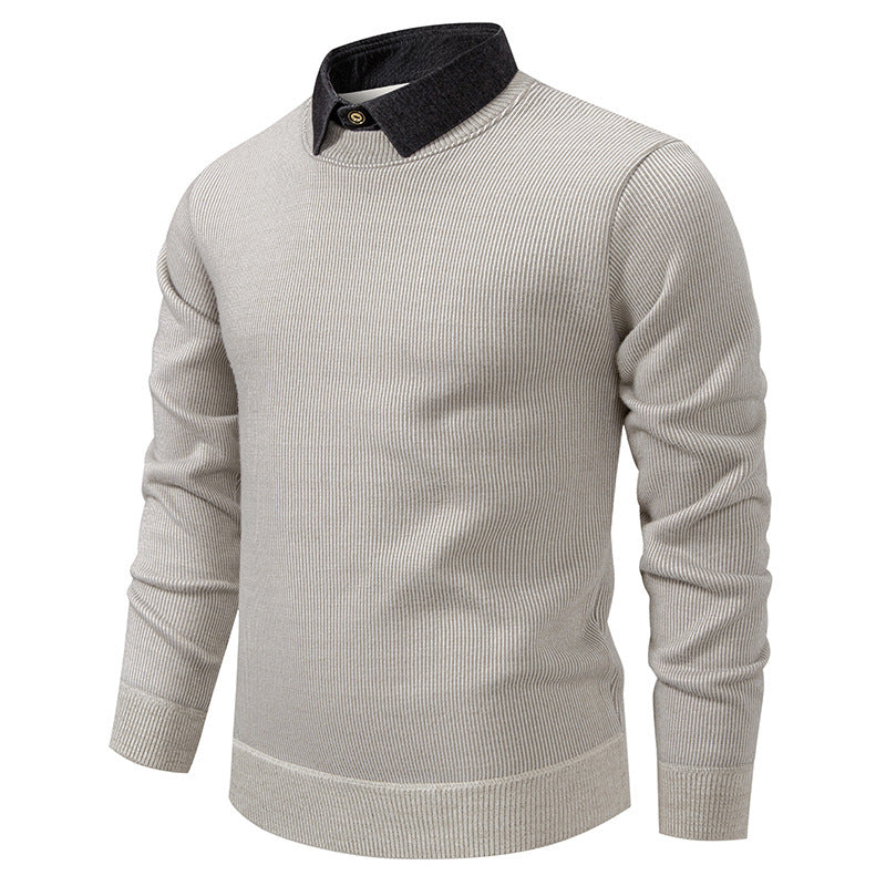 Mens Faux Two-piece Base-layer Knit Casual Shirt-collar Sweater