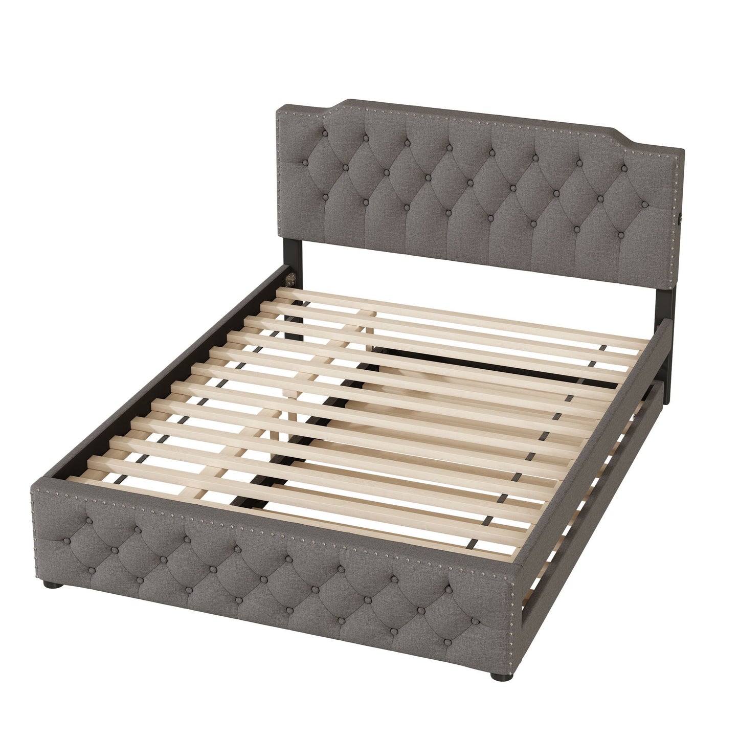 Upholstered Platform Bed With Trundle And 2 Sets Of USB Ports On Each Side, Fabric