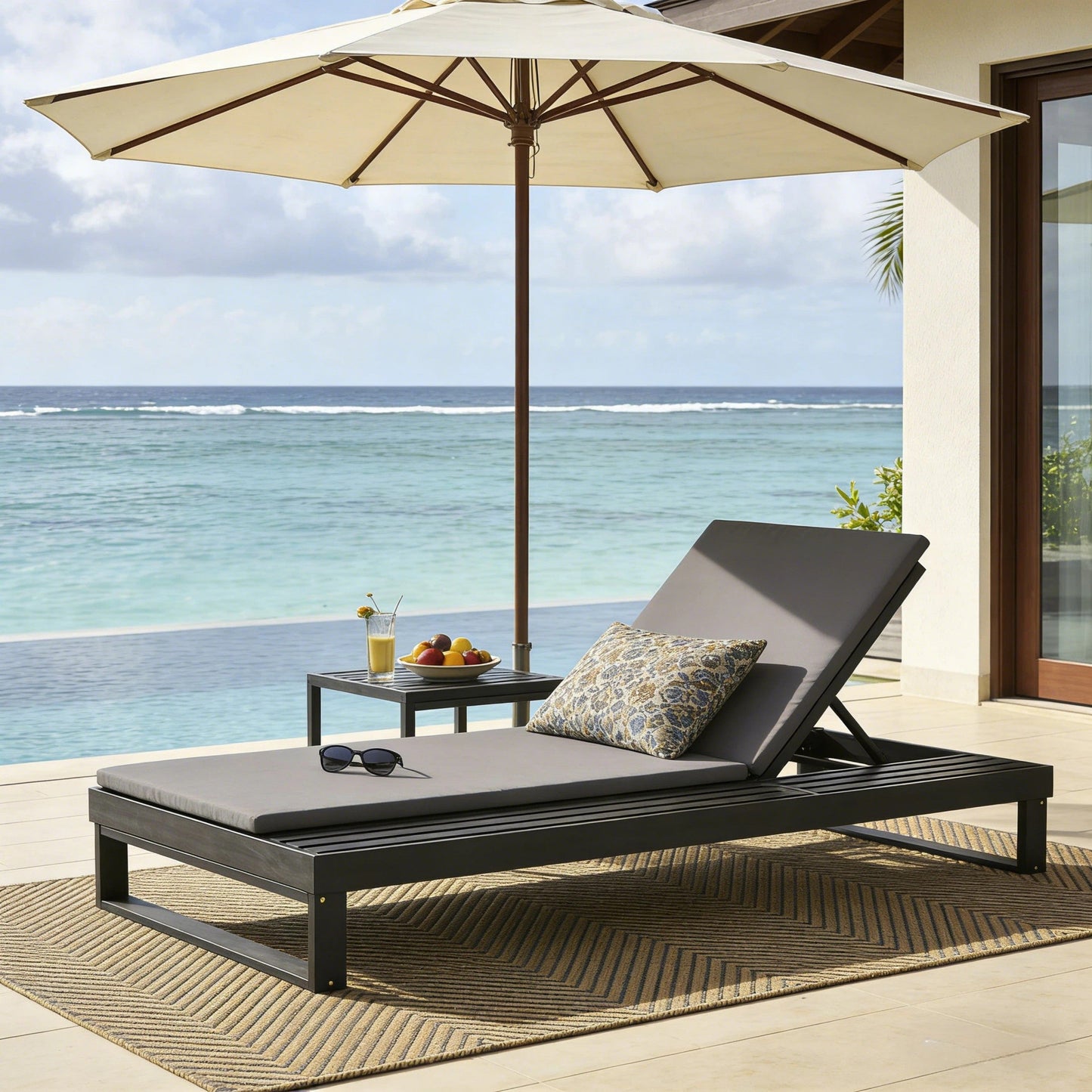 Black Acacia Wood Chaise Lounge with 1.57-Inch Cushions