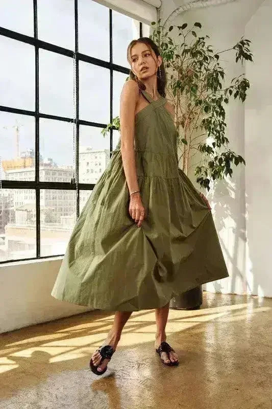 Crisscross Strap Cotton Midi Dress - Adjustable Drawstring Design | Femstylo