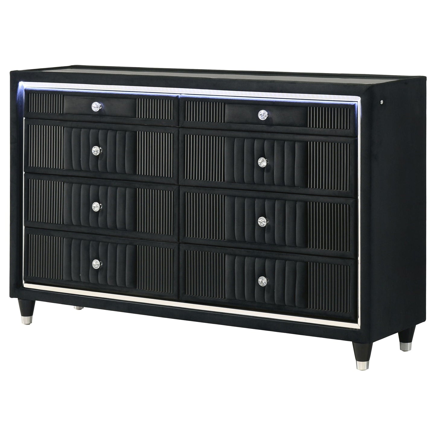 Ravenne 8-drawer Velvet Upholstered LED Dresser Cabinet Black