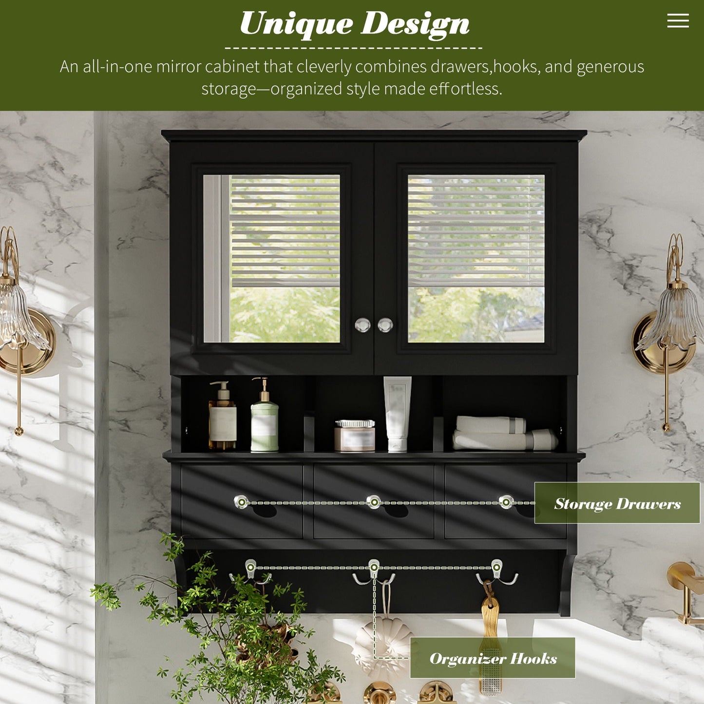 Modern Bathroom Mirror Cabinet With Drawers, Organizer Hooks, And High-Definition Mirrors