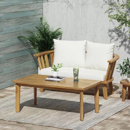 2-Person Outdoor Acacia Wood Patio Seating Group with Cushions and Coffee Table
