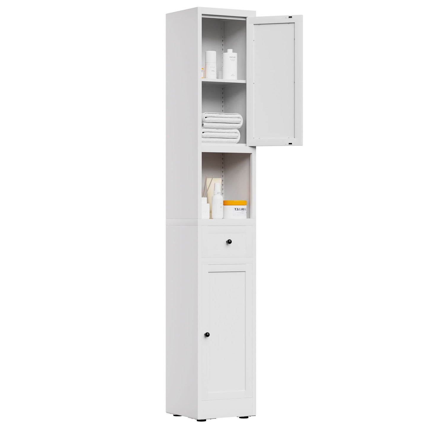 Tall Narrow Bathroom Cabinet With 5-Tier Storage, Adjustable Shelves, Freestanding - White