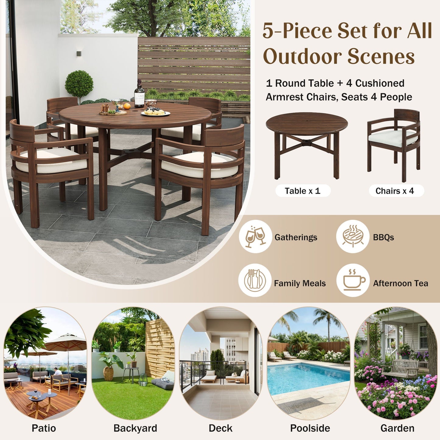 5 Piece Round Patio Table & Cushioned Armrest Chairs, Outdoor Dining Set With Umbrella Hole