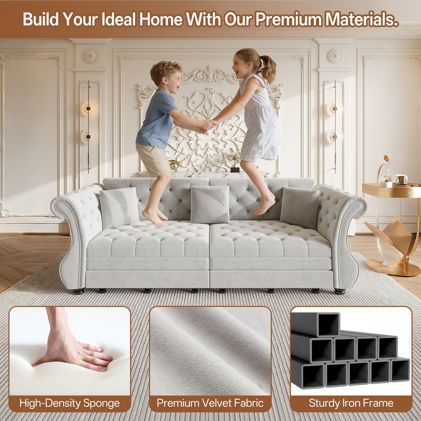 Oversized Chesterfield Pull Out Sofa Bed, Roll Arm Couch With Flower Tufting For Living Room