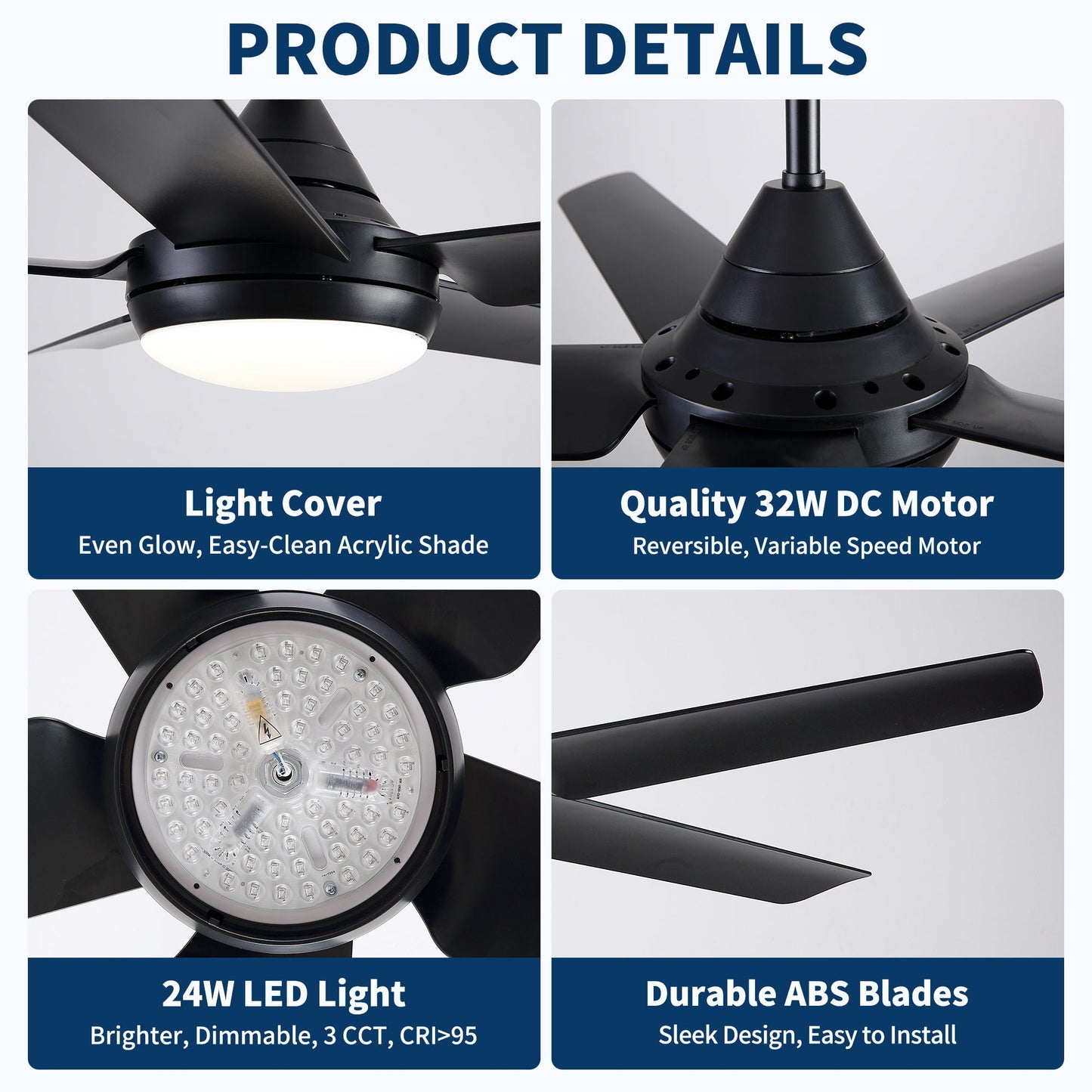 Ceiling Fan With Lights And Remote Control, Reversible DC Motor, 6 Speeds, 3 Cct Dimmable LED, Quiet Timer For Indoor - Black