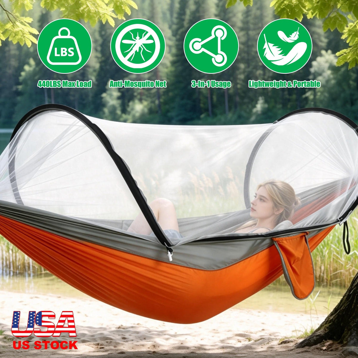 Camping Hammock with Mosquito Net - 440lbs Capacity Portable