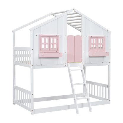 House Bunk Bed With Roof, Window, Window Box, Door, With Safety Guardrails And Ladder
