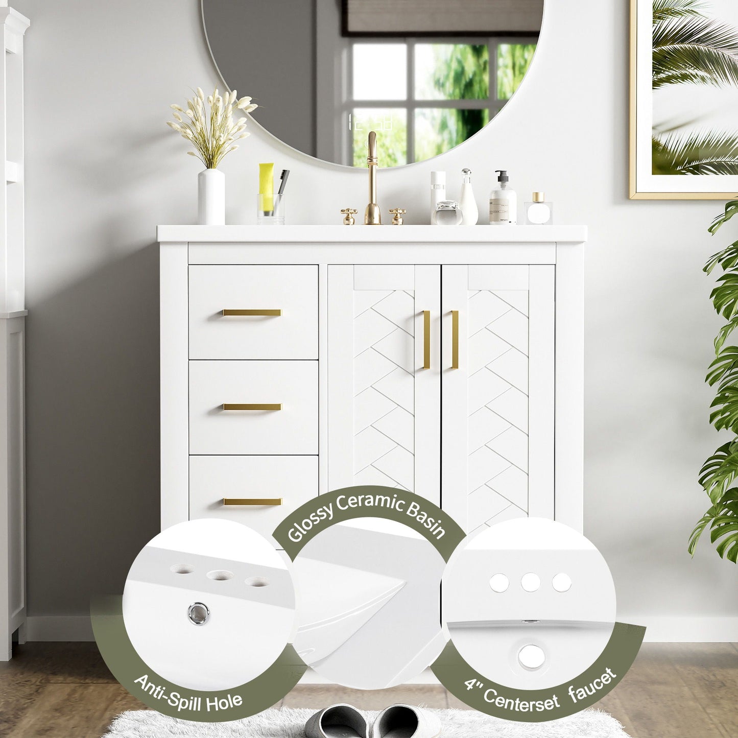 Ceramic Sink Combo, Freestanding Vanity Set With 3 Drawers & Soft Closing Doors