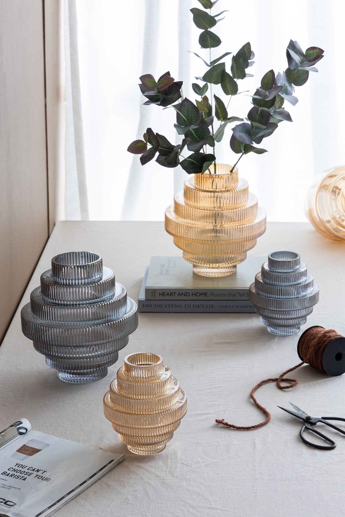 Multi-Tiered Geometric Vase with Smoked Blue Finish, Set of 2