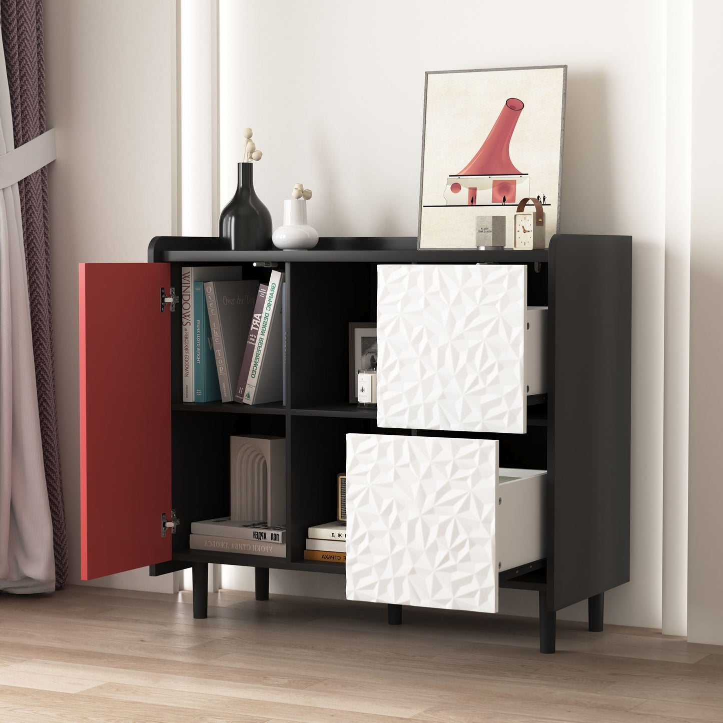 Modern Sideboard Buffet Cabinet With Doors And Unique Panel Styling