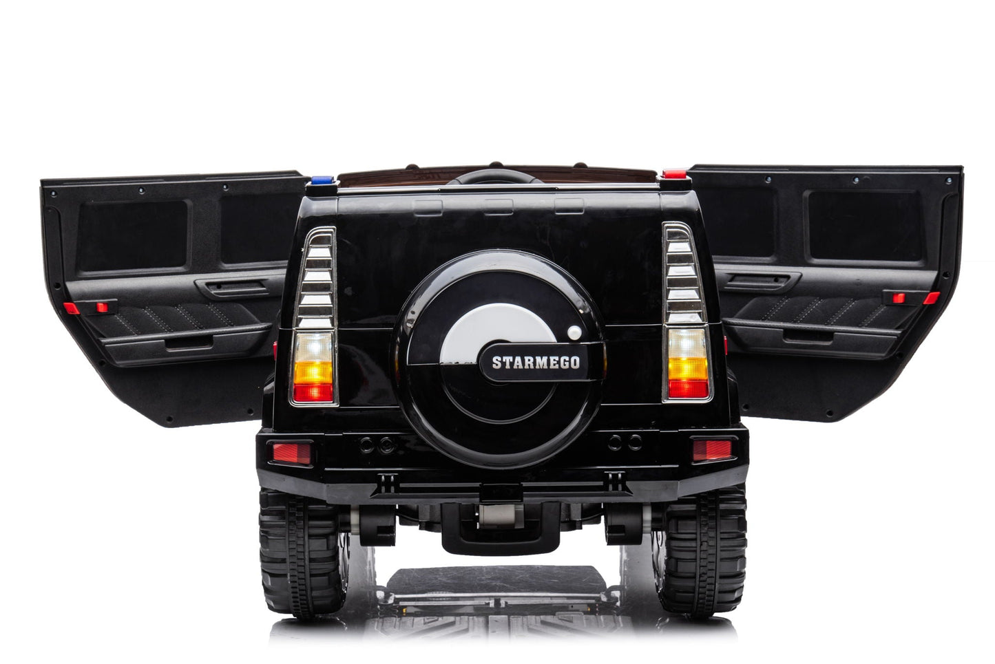 12V7A 30W*2 Four-Wheel Drive Seat One Button Start, Forward And Backward, High And Low Speed, Music, Front Light, Power Display, Two Doors Can Open, 2.4G R / C, Seat Belt Four Wheel Absorber