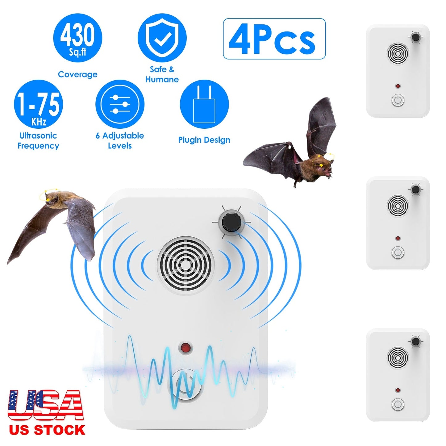 4Pack Plug In Ultrasonic Bat Repellent Indoor Bird Mouse Deterrent Device with 6 Adjustable Levels for Attic Garage Kitchen Warehouse