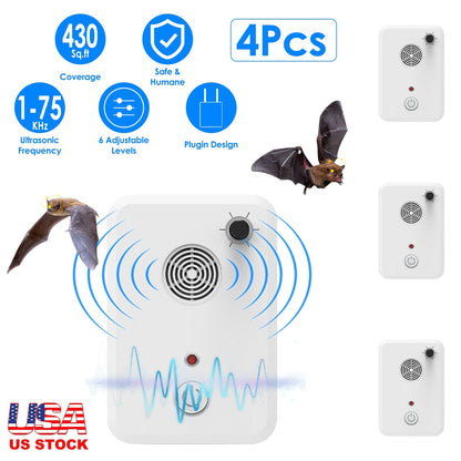 4Pack Plug In Ultrasonic Bat Repellent Indoor Bird Mouse Deterrent Device with 6 Adjustable Levels for Attic Garage Kitchen Warehouse