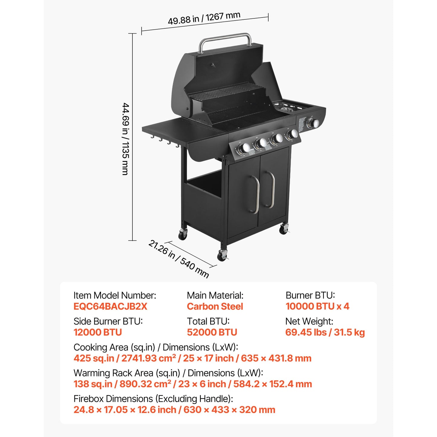 Gas Grill, 4 Burner Propane Gas Grill with Side Burner