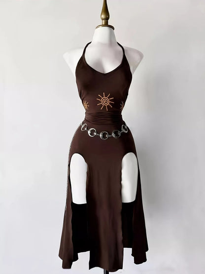 Slit Halter Neck Sun-Embroidered Dress