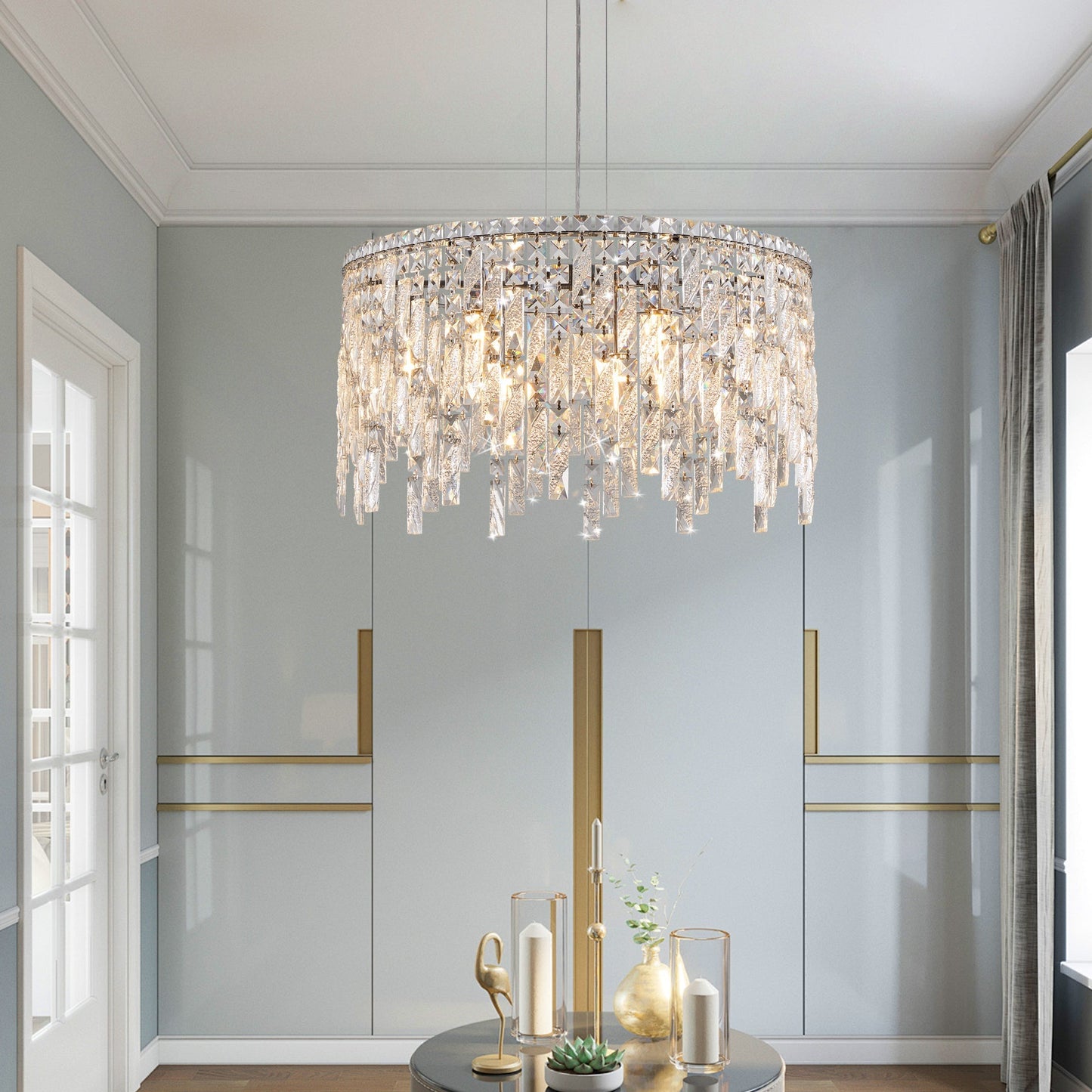 24" Luxurious Round Silver Crystal Chandelier