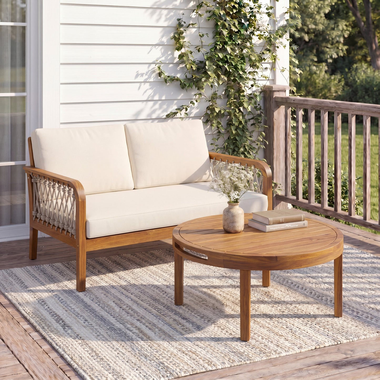 Outdoor Acacia Wood Loveseat & Coffee Table Set with Handwoven Rope, Teak Finish